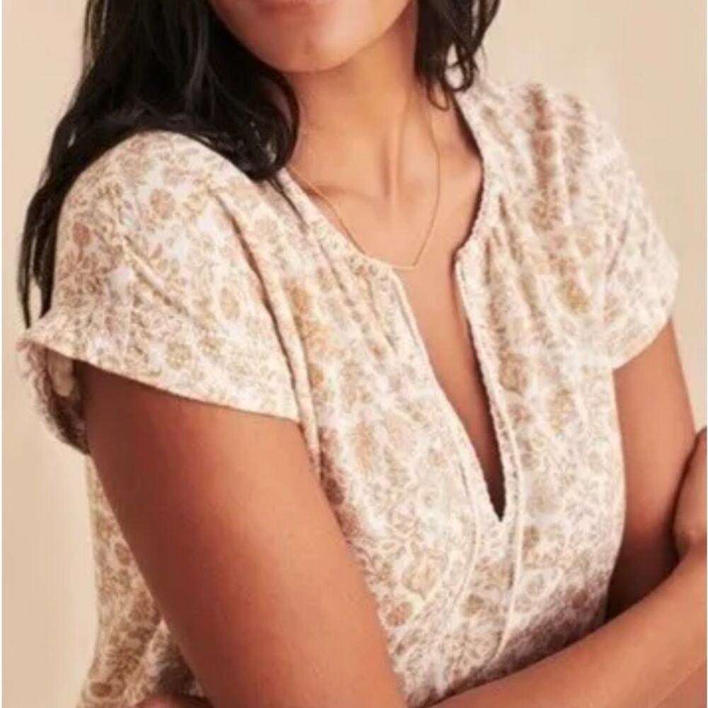 Faherty Boho Floral Dress Women's Medium Tan Tasseled Organic Cotton Cottagecore - Picture 5 of 11